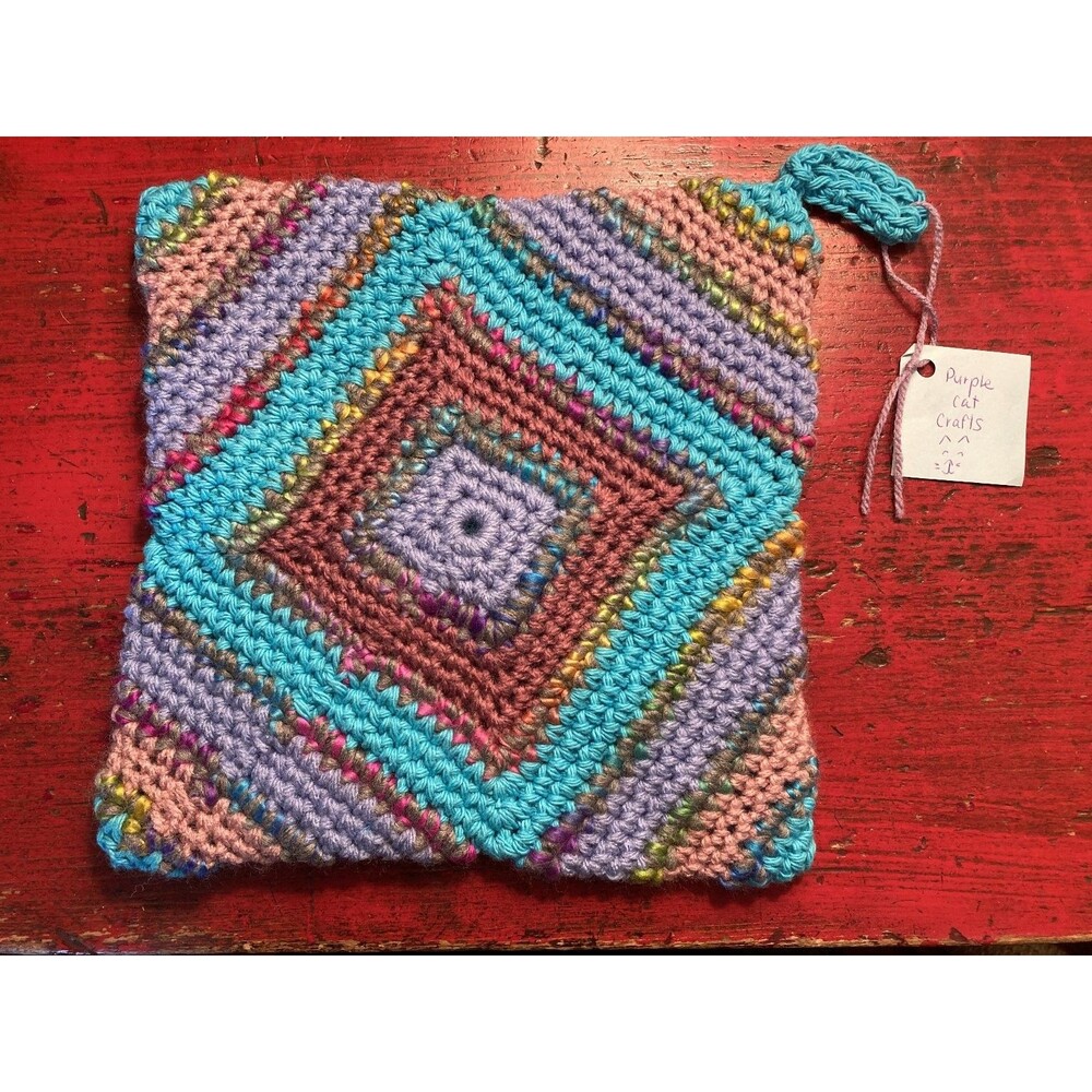 PURPLE CAT CRAFTS Handmade Crocheted Trivet Potholder Hot Pad Square Colorful